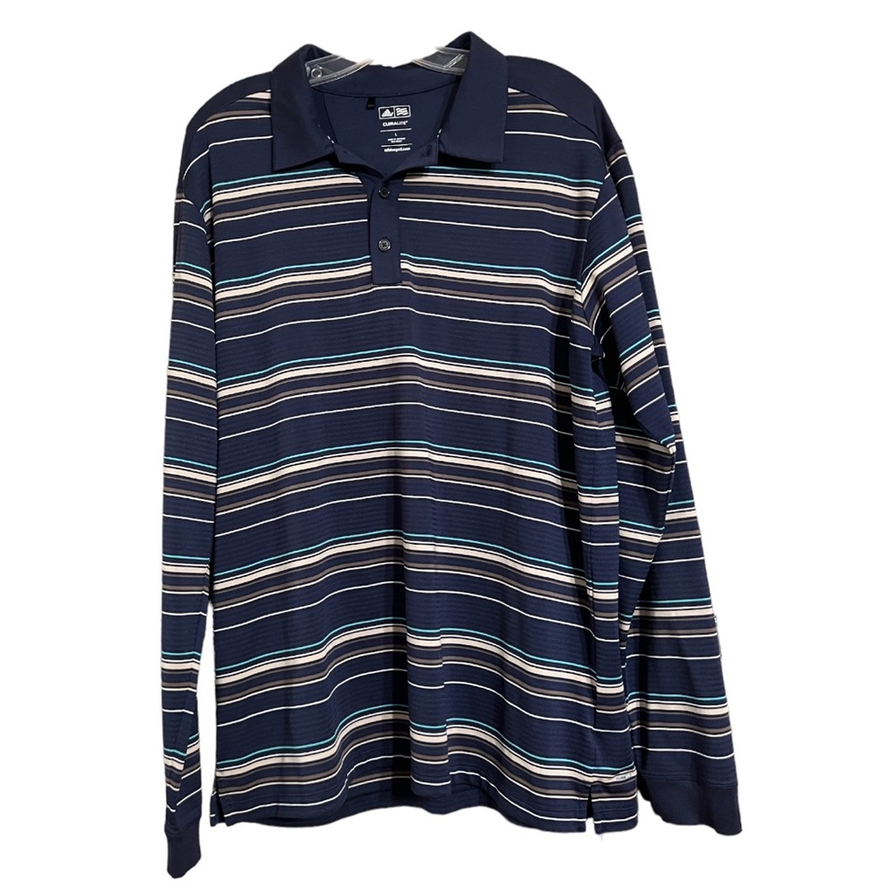 Adidas Men’s Golf Navy Blue Stripe Long Sleeve Polo Shirt Sz L EUC Climalite